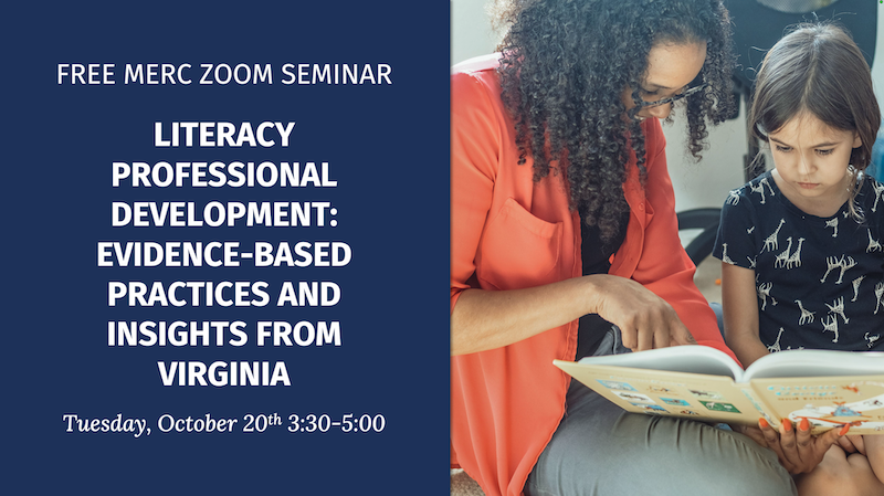 A blue banner advertising for a MERC seminar focused on literacy professional development